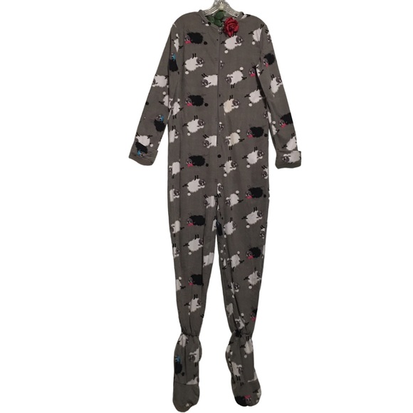 K C Footed pajamas sheep print gray white black & pink nonslip feet Med. EUC - Picture 2 of 14